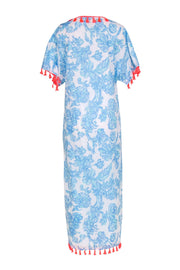 Current Boutique-Sail to Sable - Blue, Aqua & White Maxi Caftan w/ Neon Pink Tassel Trim Sz XS