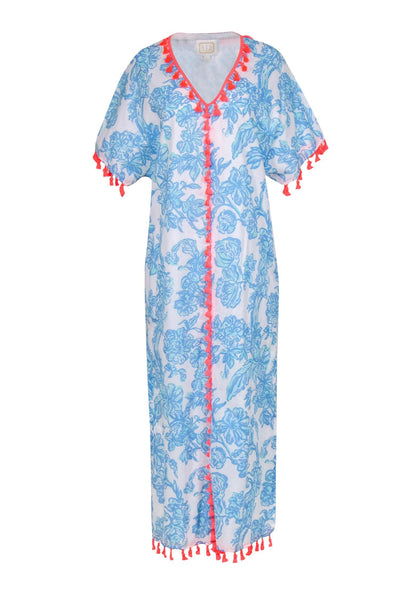 Current Boutique-Sail to Sable - Blue, Aqua & White Maxi Caftan w/ Neon Pink Tassel Trim Sz XS