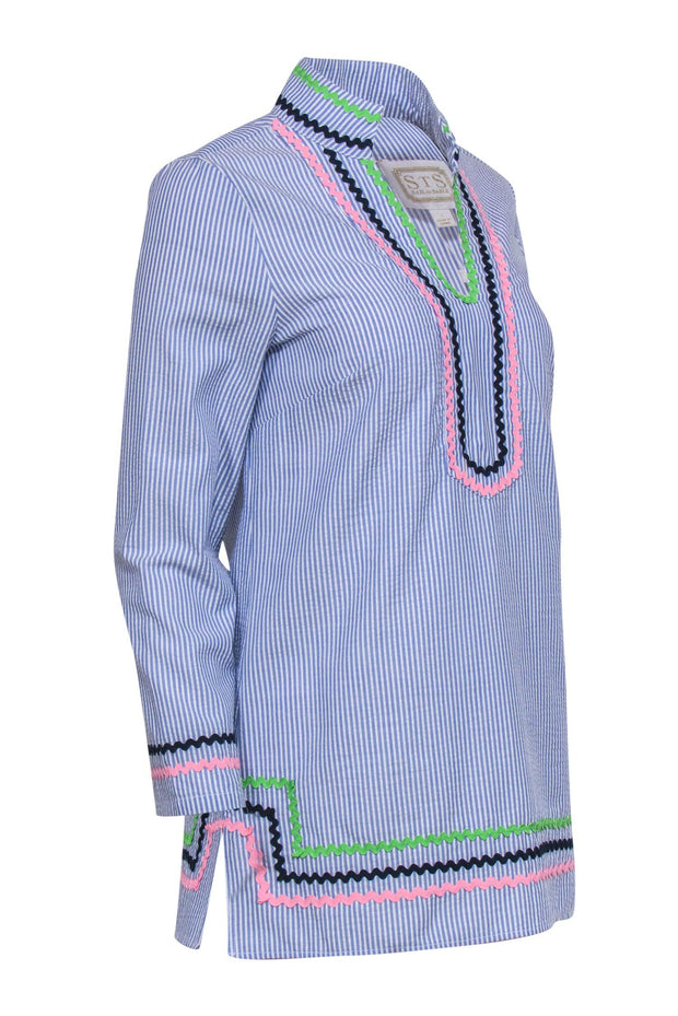 Current Boutique-Sail to Sable - Blue Seersucker Tunic w/ Rickrack Trim & Collar Sz S