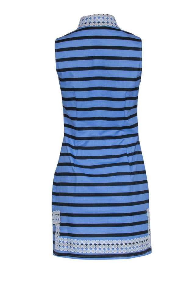 Current Boutique-Sail to Sable - Light Blue & Navy Stripe Cotton Shift Dress w/ White Trim Lace Sz S