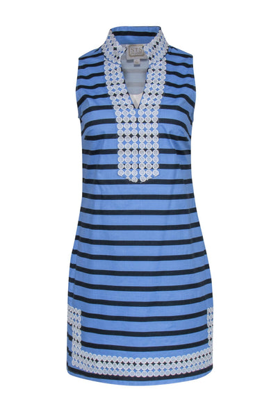 Current Boutique-Sail to Sable - Light Blue & Navy Stripe Cotton Shift Dress w/ White Trim Lace Sz S