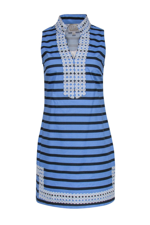 Current Boutique-Sail to Sable - Light Blue & Navy Stripe Cotton Shift Dress w/ White Trim Lace Sz S