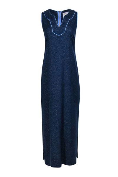 Current Boutique-Sail to Sable - Navy & Gold Sleeveless Maxi Dress w/ Light Blue Trim Sz S