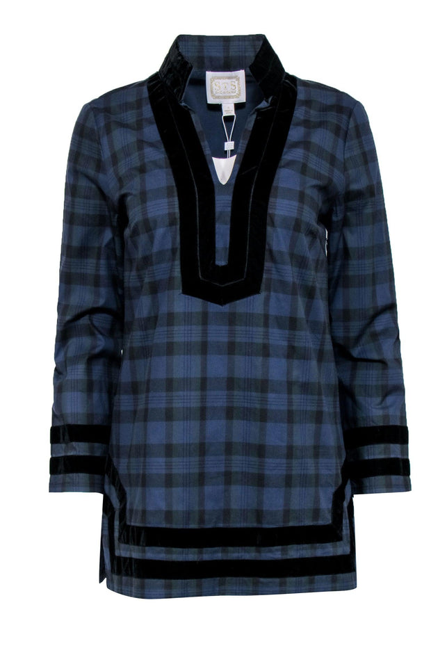 Current Boutique-Sail to Sable - Navy Plaid Tunic Top w/ Velour Trims Sz S