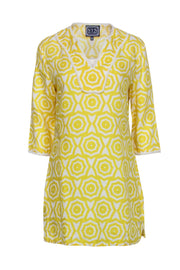 Current Boutique-Sail to Sable - Yellow & White Patterned Linen Shift Dress Sz M