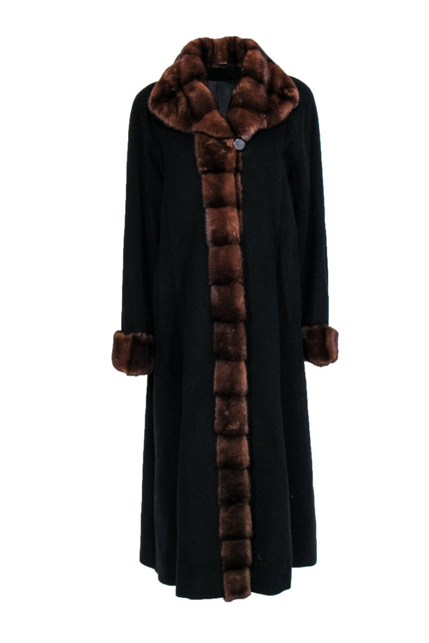 Current Boutique-Saks Fifth Avenue - Cashmere Black Longline Coat w/ Brown Fur Trim Sz M/L