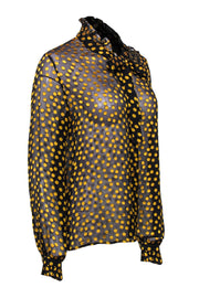 Current Boutique-Saloni - Black & Yellow Velvet Polka Dot Print Button-Up Ruffled Blouse w/ Neck Tie Sz 8