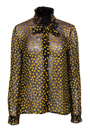 Current Boutique-Saloni - Black & Yellow Velvet Polka Dot Print Button-Up Ruffled Blouse w/ Neck Tie Sz 8