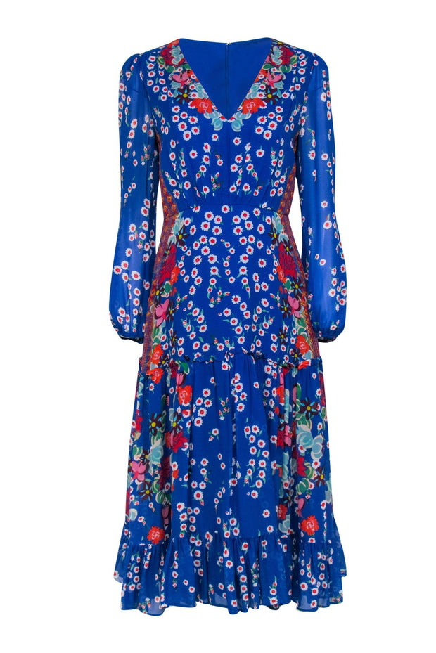 Current Boutique-Saloni - Blue & Multicolor Floral Print Tiered Silk Midi Dress Sz 8