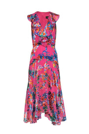 Current Boutique-Saloni - Pink & Multicolor Textured Floral Print Ruffled "Rita" Maxi Dress Sz 2