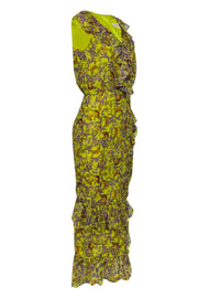 Current Boutique-Saloni - Yellow "Georgette" Silk Ruffled Tropical Monkey Print Maxi Dress Sz 6