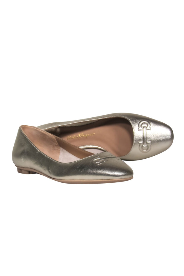 Current Boutique-Salvatore Ferragamo - Gold Ballet Flats w/ Embossed Design Sz 6