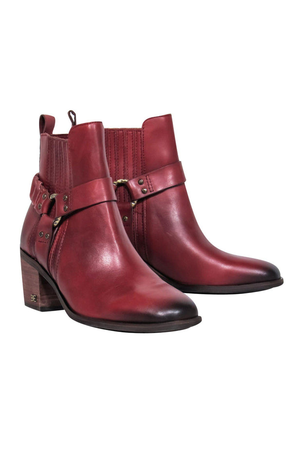 Current Boutique-Sam Edelman - Burgundy Leather Block Heel Ankle Booties w/ Buckle Design Sz 6.5