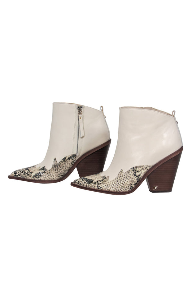 Current Boutique-Sam Edelman - White & Snakeskin Print Leather Western-Style Booties Sz 8