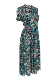 Current Boutique-Samsoe Samsoe - Teal, Black & White Floral Printed Midi Shirt Dress Sz S