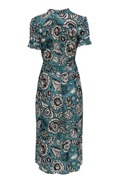 Current Boutique-Samsoe Samsoe - Teal, Black & White Floral Printed Midi Shirt Dress Sz S