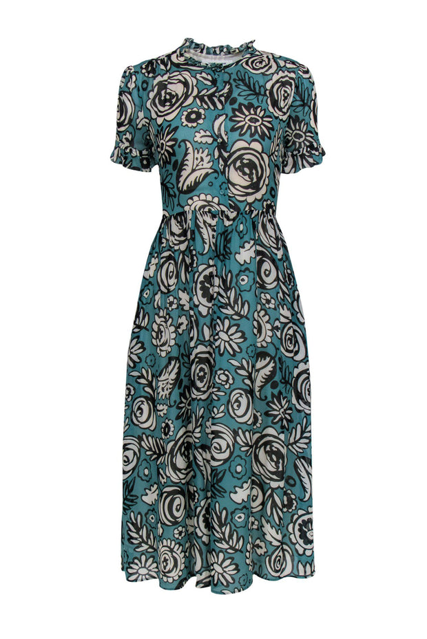 Current Boutique-Samsoe Samsoe - Teal, Black & White Floral Printed Midi Shirt Dress Sz S