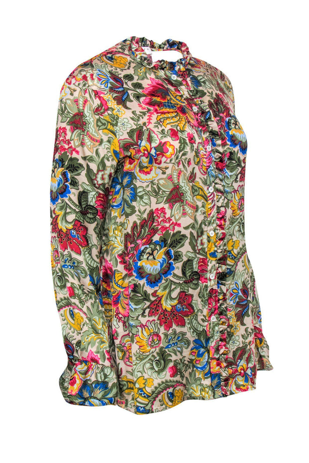 Current Boutique-Sandro - Beige & Multicolored Floral Print Button-Up Blouse w/ Ruffle Trim Sz M