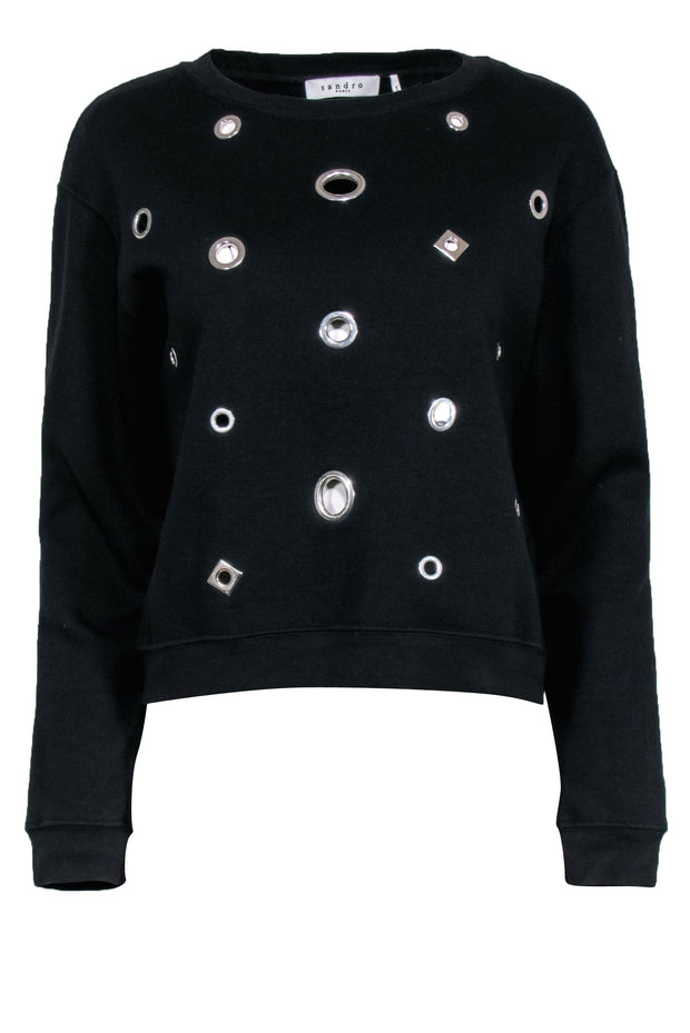 Current Boutique-Sandro - Black Crew Neck Sweatshirt w/ Silver Grommet Eyelets