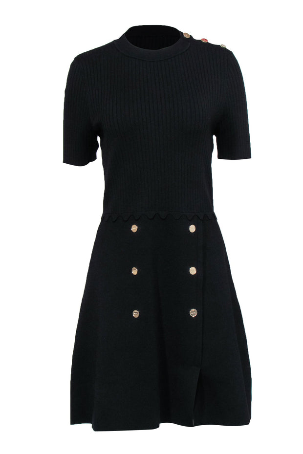 Current Boutique-Sandro - Black Knit Fit & Flare Dress w/ Gold-Toned Button Details Sz 10