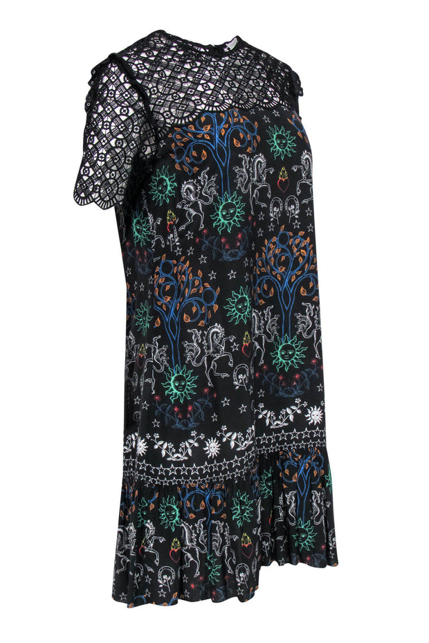 Current Boutique-Sandro - Black & Multicolored Bohemian Print Shift Dress w/ Lace Trim Sz M