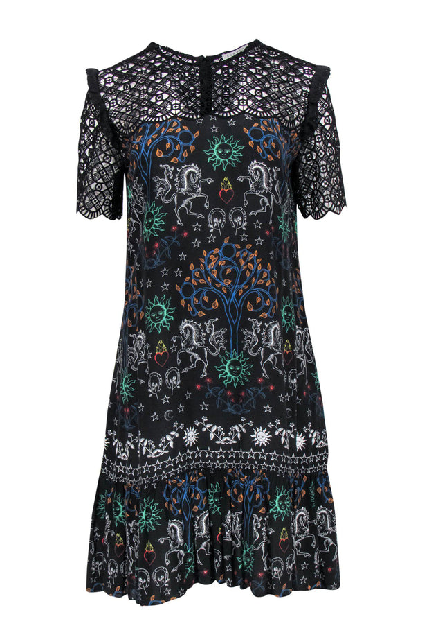 Current Boutique-Sandro - Black & Multicolored Bohemian Print Shift Dress w/ Lace Trim Sz M