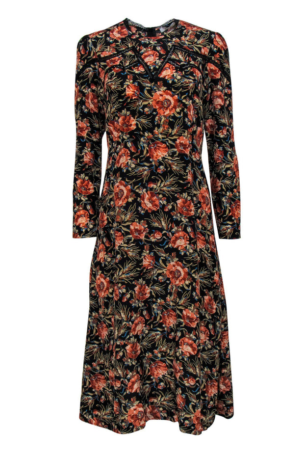 Current Boutique-Sandro - Black & Multicolored Floral Print Silk Midi Dress w/ Lace Trim Sz S