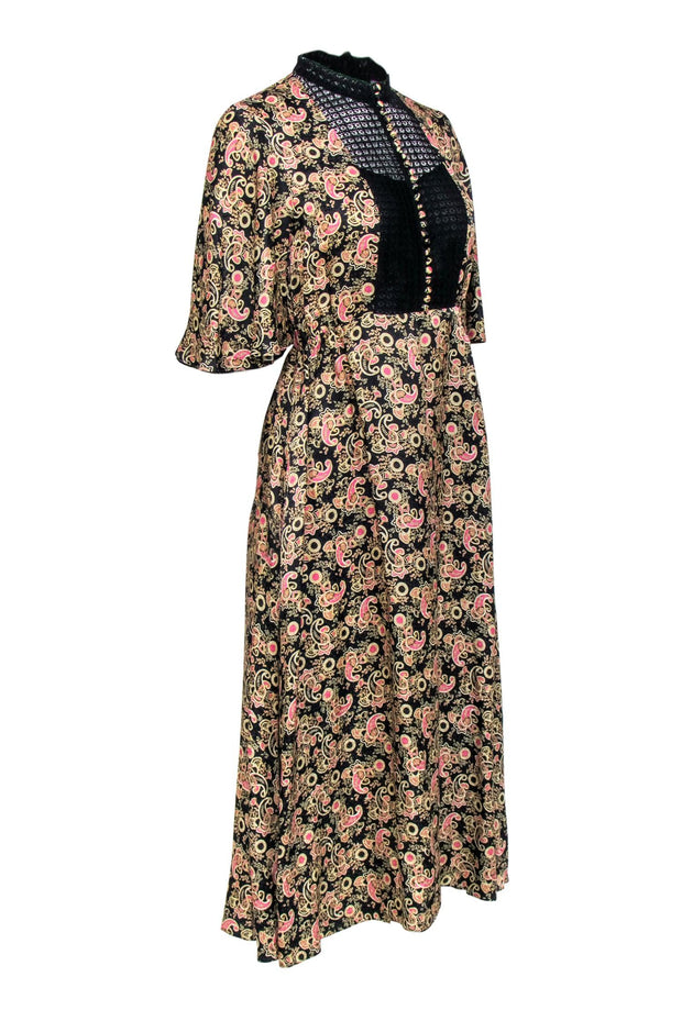 Current Boutique-Sandro - Black, Tan, & Pink Print Short Sleeve Maxi Dress Sz 4