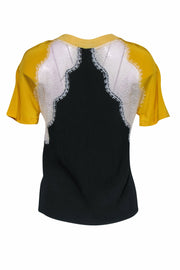 Current Boutique-Sandro - Black & Yellow Colorblock Silk Tee w/ White Lace Details Sz S