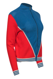 Current Boutique-Sandro - Blue, Red & Cream Colorblocked Zip-Up Sweater w/ Perforated Details Sz M