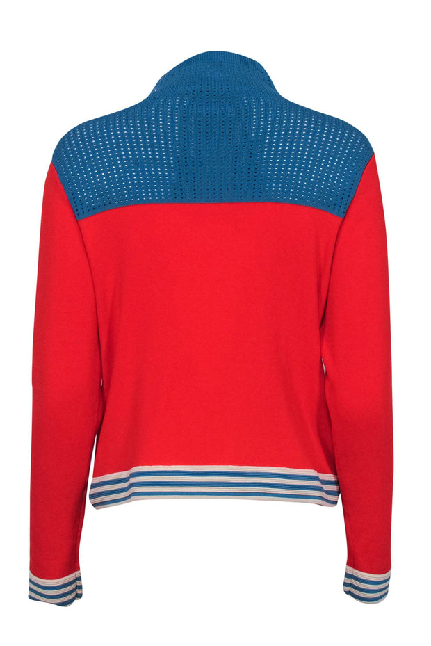 Current Boutique-Sandro - Blue, Red & Cream Colorblocked Zip-Up Sweater w/ Perforated Details Sz M