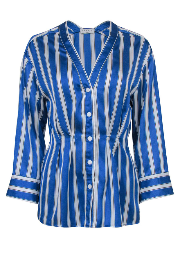 Current Boutique-Sandro - Blue & White Stripe Satin Button Front Blouse Sz 4