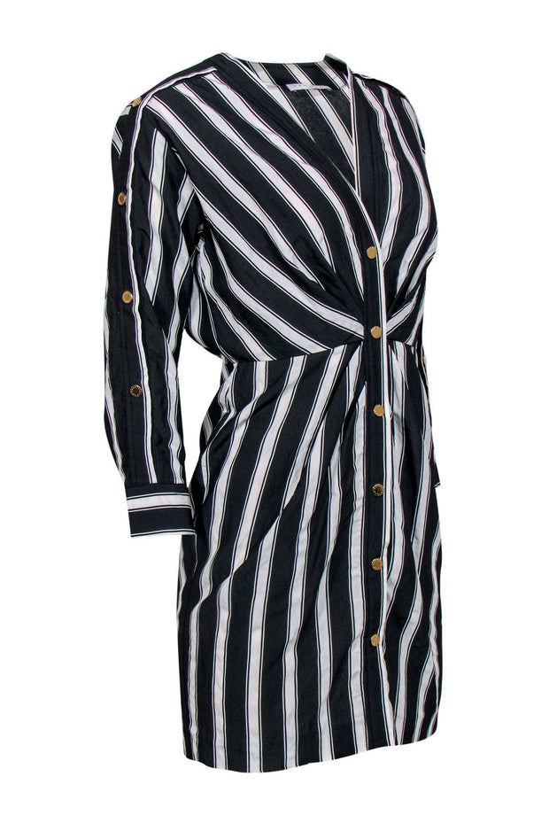 Current Boutique-Sandro - Grey & White Striped Button-Up Long Sleeve Shirt Dress Sz S