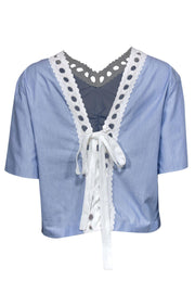 Current Boutique-Sandro - Light Blue Short Sleeve Blouse w/ Lace Trim & Lace-Up Back Sz L