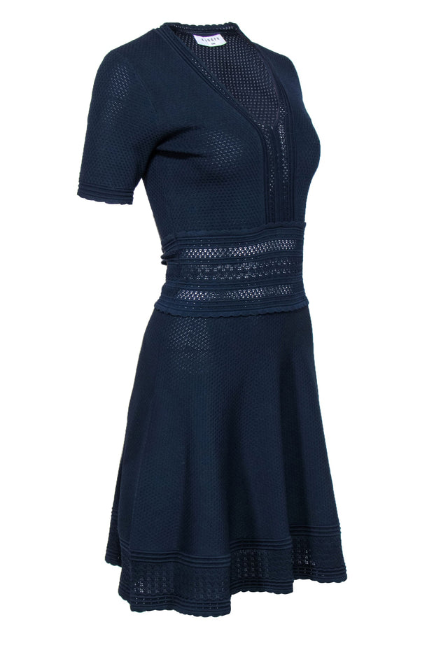 Current Boutique-Sandro - Navy Textured Knit Short Sleeve A-Line Dress Sz 2