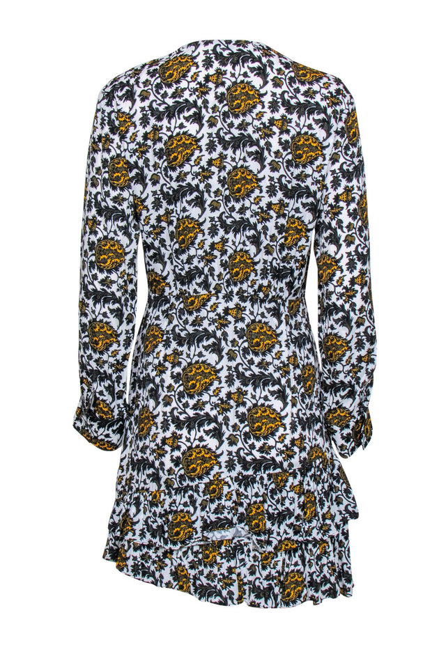 Current Boutique-Sandro - White w/ Yellow & Black Floral Print Long Sleeve Mini Dress Sz 2