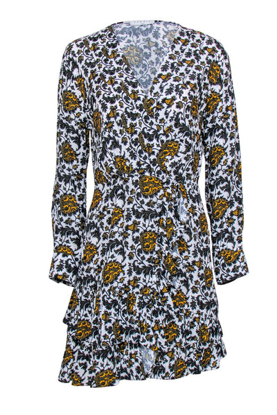 Current Boutique-Sandro - White w/ Yellow & Black Floral Print Long Sleeve Mini Dress Sz 2