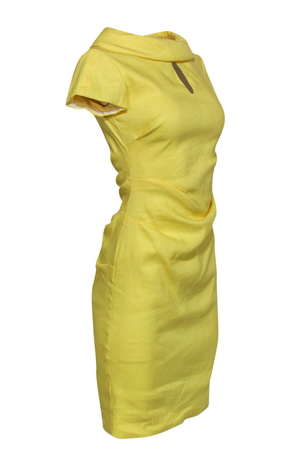 Current Boutique-Sara Campbell - Bright Yellow Short Sleeve Ruched Sheath Dress Sz 2