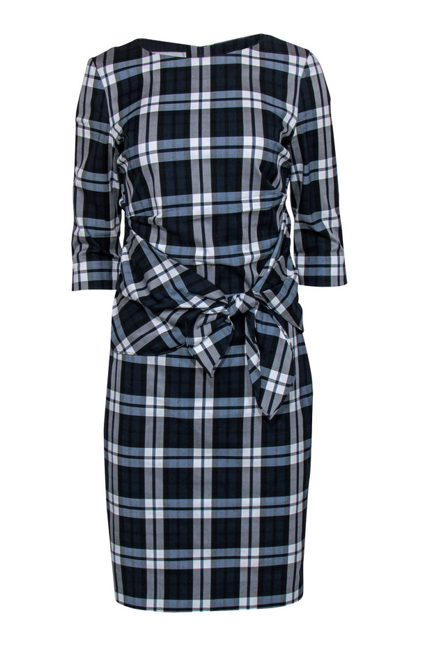 Current Boutique-Sara Campbell - Navy & White Plaid Quarter Sleeve Sheath Dress w/ Tie Sz 6