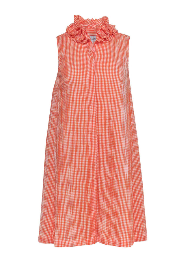 Current Boutique-Sara Campbell - Orange Gingham A-Line Cotton Shirtdress w/ Ruffle Collar Sz S