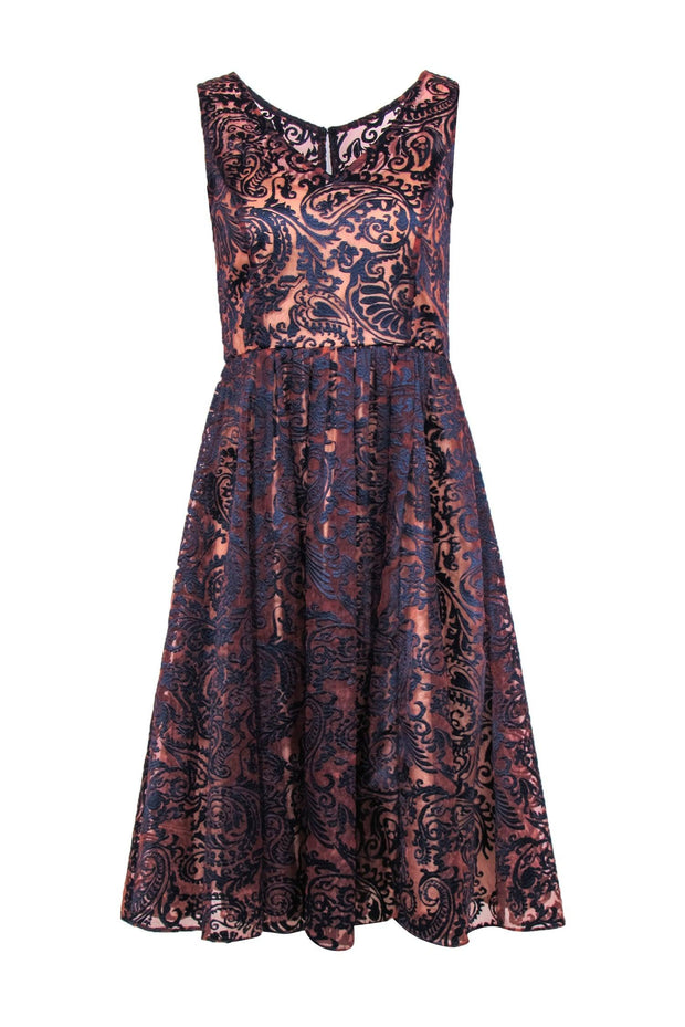 Current Boutique-Sara Campbell - Pink & Navy Textured Velvet Paisley Print Sleeveless A-Line Dress Sz 2