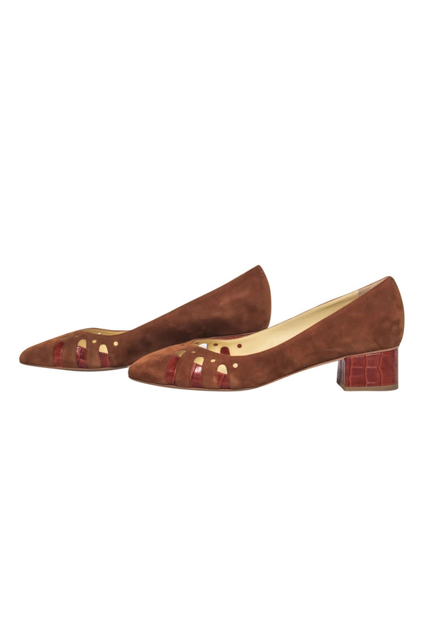 Current Boutique-Sarah Flint - Brown Suede Block Heel Pumps w/ Laser Cut & Crocodile Trim Sz 10