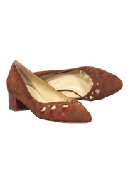 Current Boutique-Sarah Flint - Brown Suede Block Heel Pumps w/ Laser Cut & Crocodile Trim Sz 10