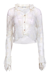 Current Boutique-Sarah Pacini - Ivory Sheer Velvet Floral Embossed Ruffle Button-Up Blouse Sz 6