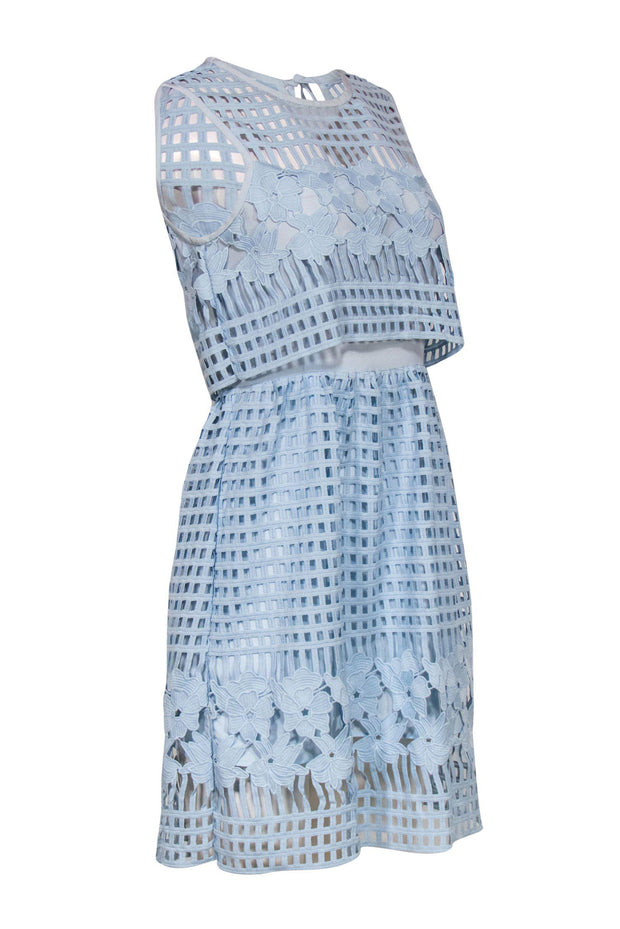 Current Boutique-Saylor - Baby Blue Laser Cut & Floral Lace Sleeveless Fit & Flare Dress Sz M