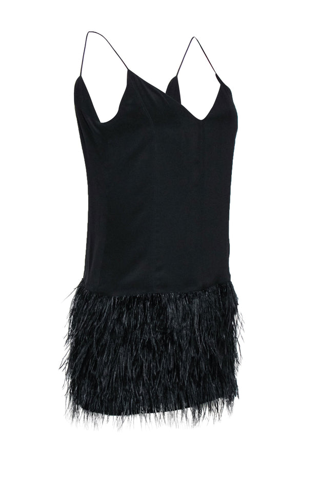 Current Boutique-Saylor - Black Deep V-Neck Micro Mini Cocktail Dress w/ Ostrich Feathers Sz M