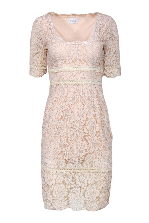 Current Boutique-Saylor - Blush Lace Scoop Neck Sheath Dress w/ Eyelet Inserts Sz 4