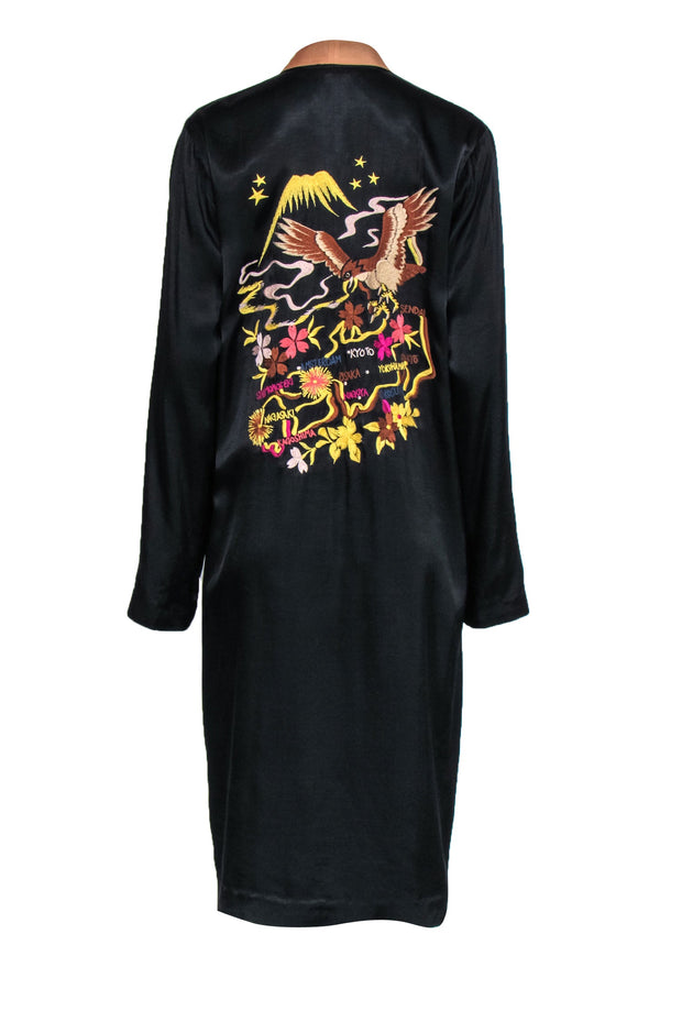 Current Boutique-Scotch & Soda - Black Longline Satin Duster w/ Tiger & Japan Embroidery Sz S