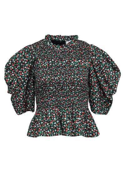 Current Boutique-Sea NY - Black Strawberry & Floral Print Puff Sleeve Smocked Blouse Sz S