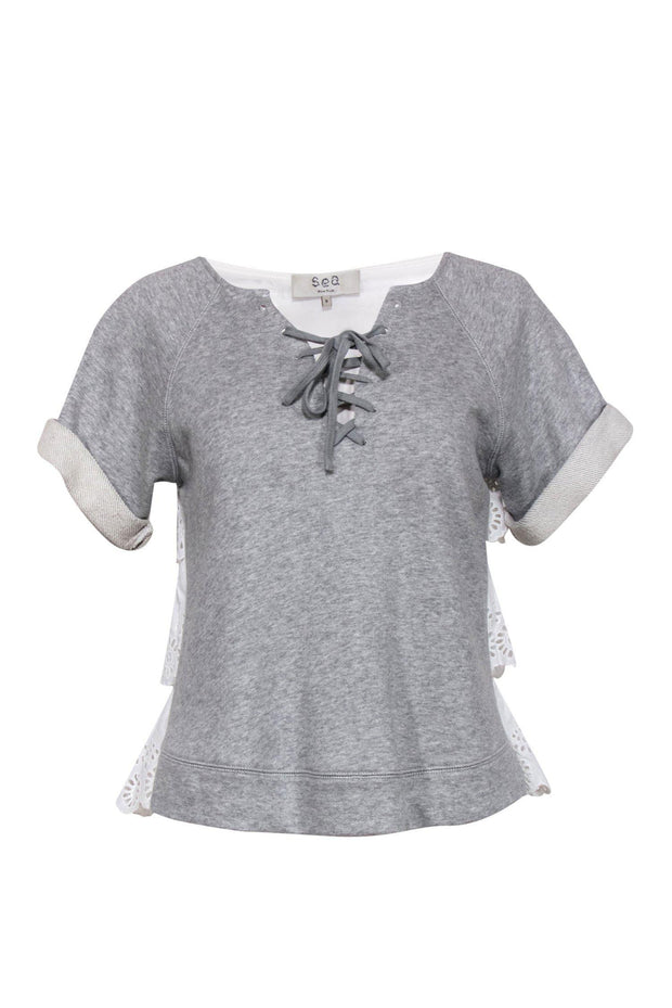 Current Boutique-Sea NY - Grey Short Sleeve Sweatshirt w/ Ruffle Eyelet Back Sz S